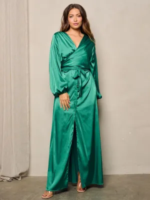WOMEN'S LONG SLEEVES SELF TIE WRAP MAXI DRESS