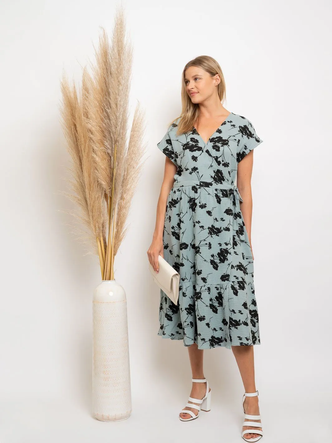 WOMENS' MIDI SAGE FLORAL WRAP DRESS