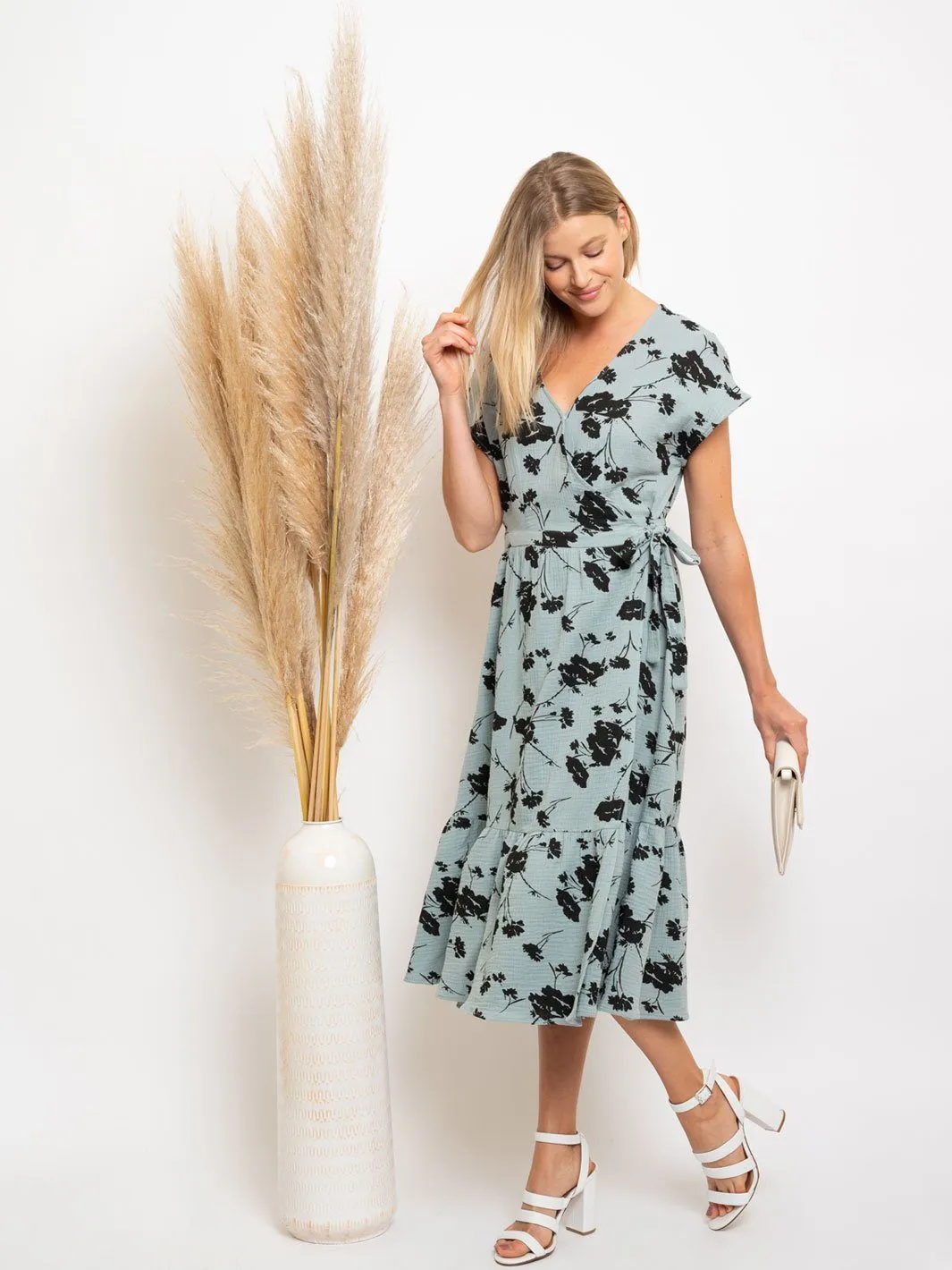 WOMENS' MIDI SAGE FLORAL WRAP DRESS