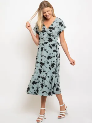 WOMENS' MIDI SAGE FLORAL WRAP DRESS