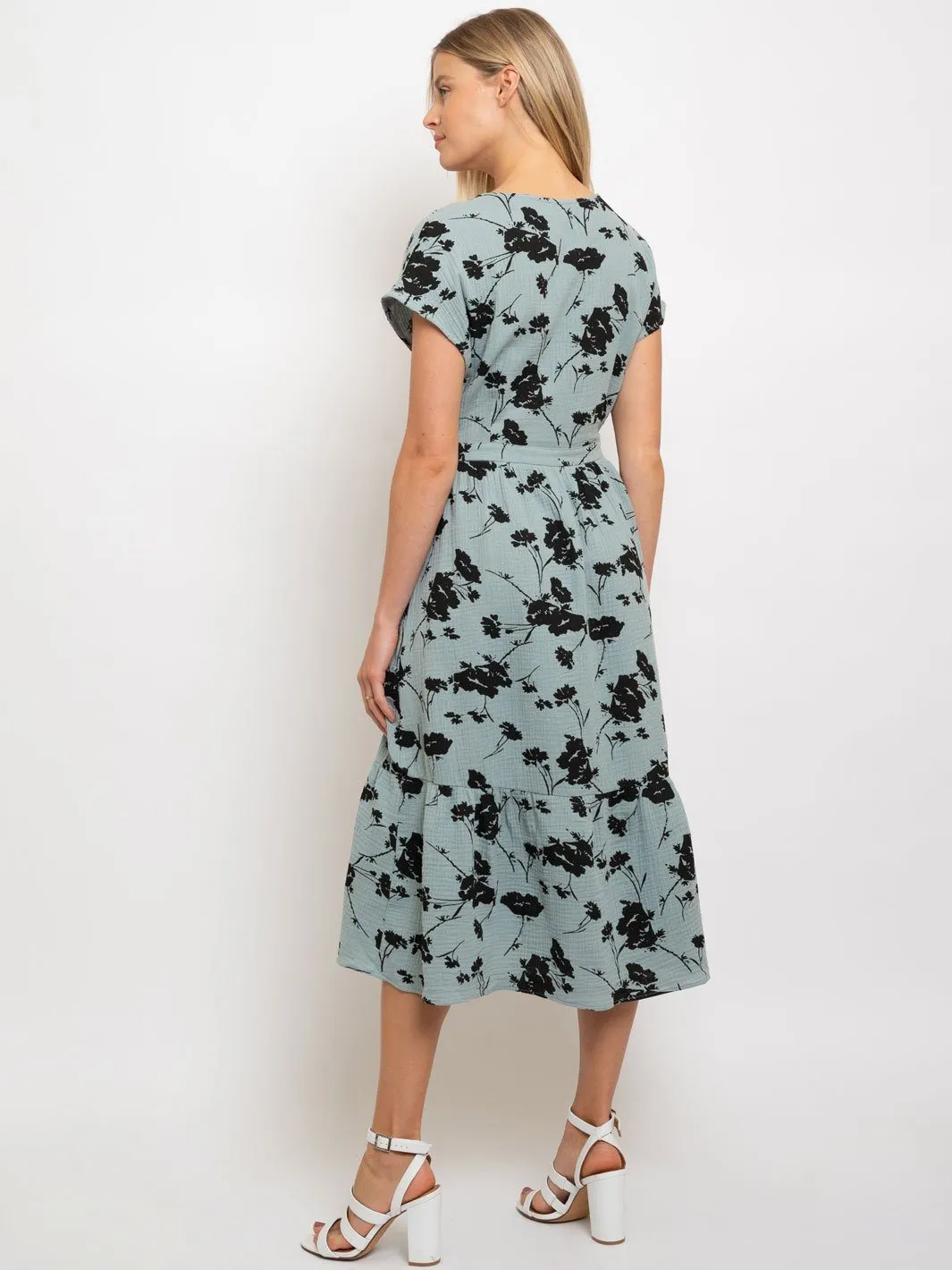 WOMENS' MIDI SAGE FLORAL WRAP DRESS