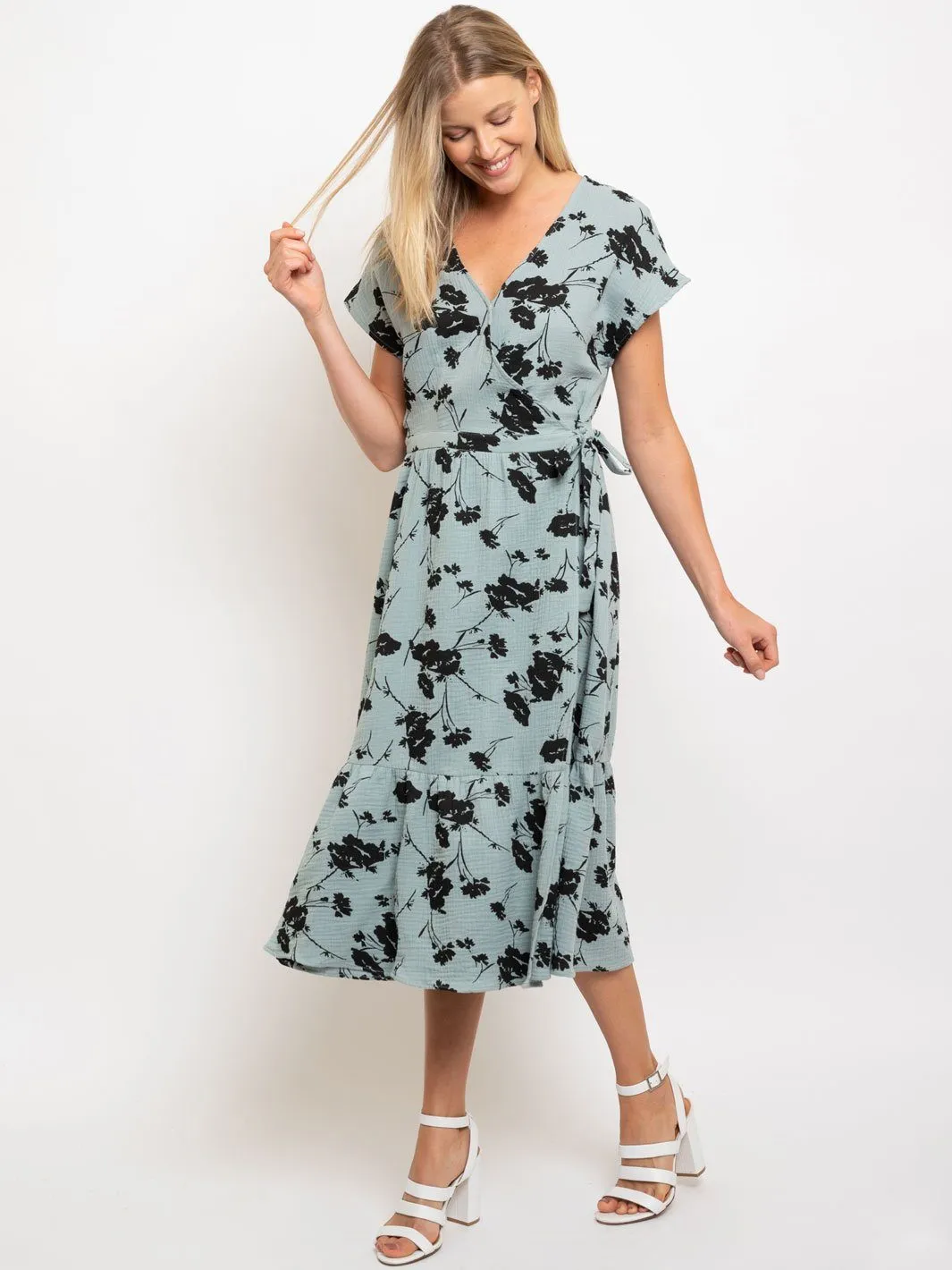 WOMENS' MIDI SAGE FLORAL WRAP DRESS