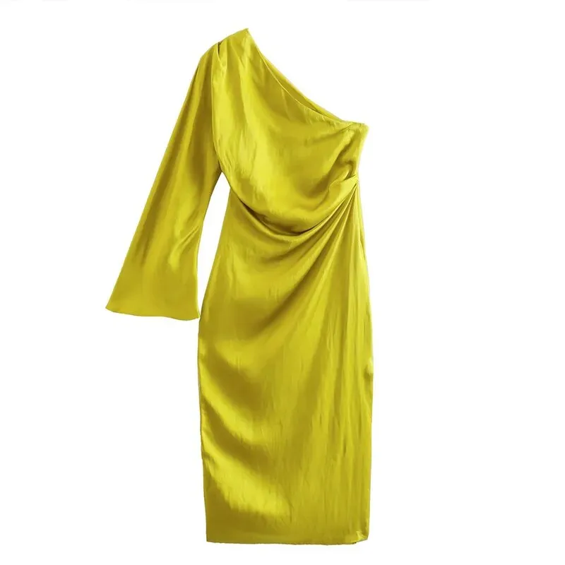 Women's One Shoulder One Sleeve Dress Elegant Backless Side Slit A-Line Midi Dress