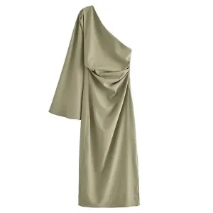 Women's One Shoulder One Sleeve Dress Elegant Backless Side Slit A-Line Midi Dress