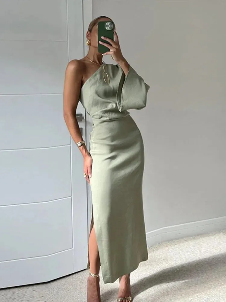 Women's One Shoulder One Sleeve Dress Elegant Backless Side Slit A-Line Midi Dress