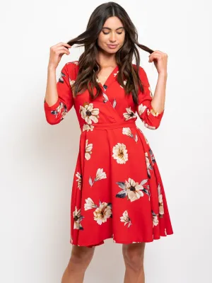 WOMEN'S RED FLORAL WRAP MINI DRESS