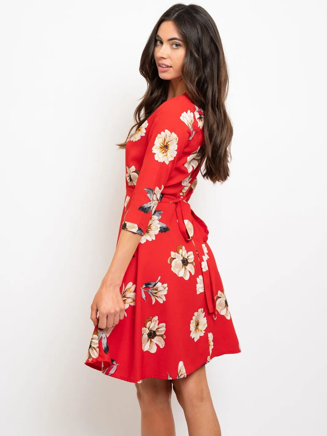 WOMEN'S RED FLORAL WRAP MINI DRESS