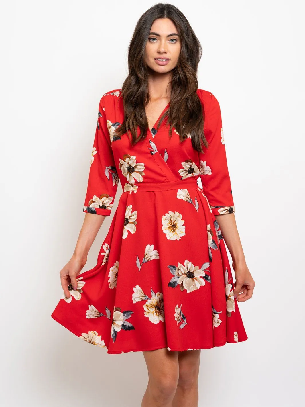 WOMEN'S RED FLORAL WRAP MINI DRESS