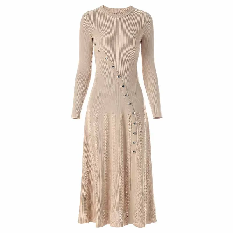Women's Ribbed-knit Button Detail Midi Dress