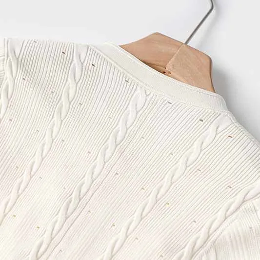 Women's Ribbed-knit Button-up Cream White Midi Dress