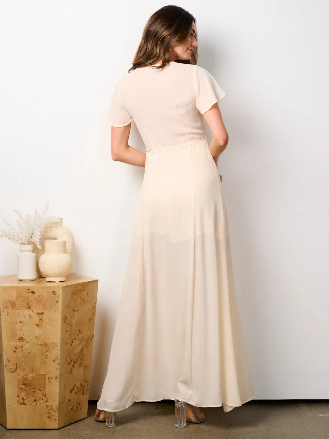 WOMEN'S SHORT RUFFLE SLEEVE SELF TIE WRAP MAXI DRESS