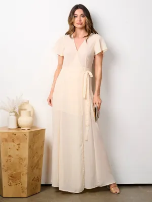 WOMEN'S SHORT RUFFLE SLEEVE SELF TIE WRAP MAXI DRESS