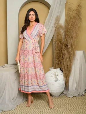 WOMEN'S SHORT SLEEVE MULTI PRINT WRAP MAXI DRESS