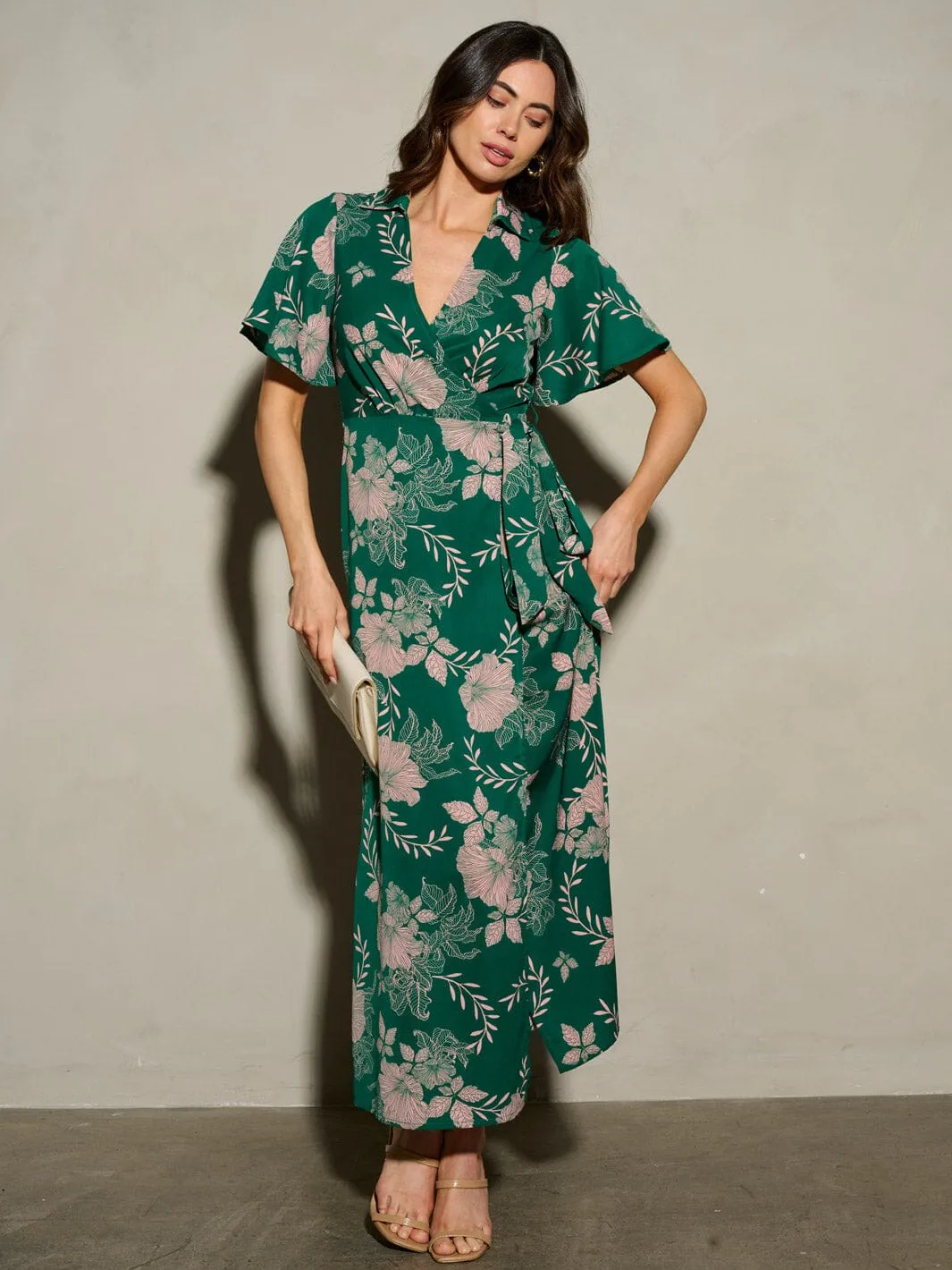 WOMEN'S SHORT SLEEVE SELF TIE FLORAL WRAP MAXI DRESS