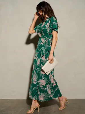 WOMEN'S SHORT SLEEVE SELF TIE FLORAL WRAP MAXI DRESS