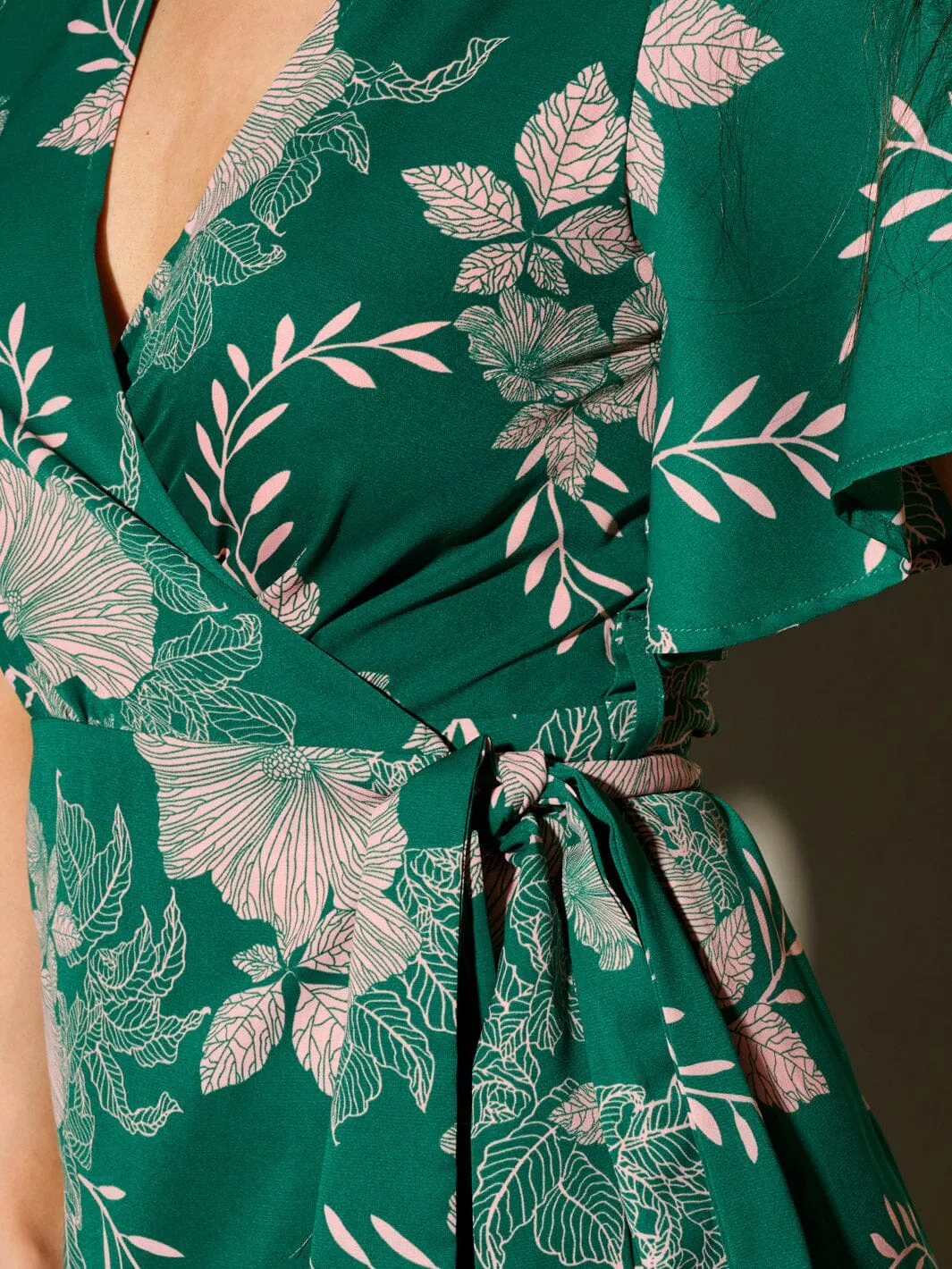 WOMEN'S SHORT SLEEVE SELF TIE FLORAL WRAP MAXI DRESS