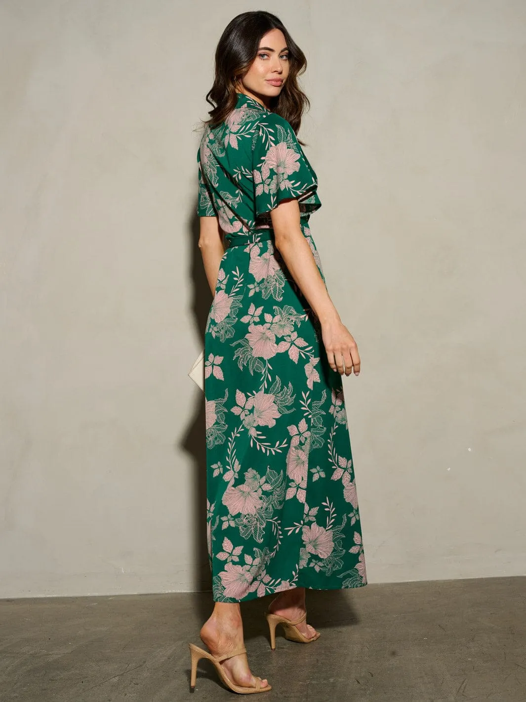 WOMEN'S SHORT SLEEVE SELF TIE FLORAL WRAP MAXI DRESS