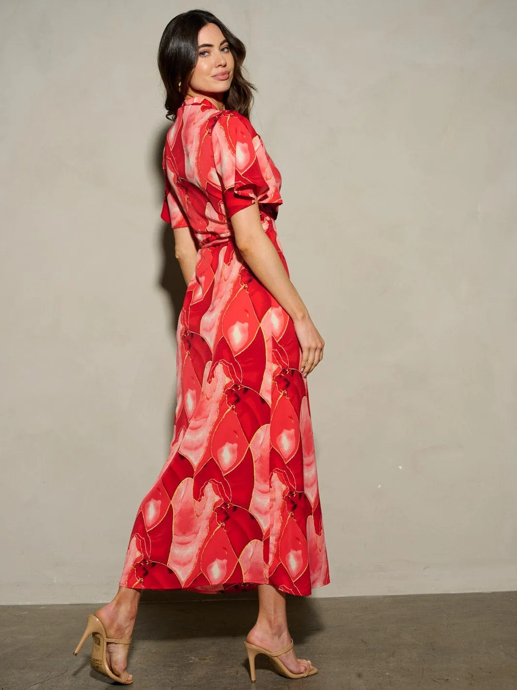 WOMEN'S SHORT SLEEVE SELF TIE PRINTED WRAP MAXI DRESS