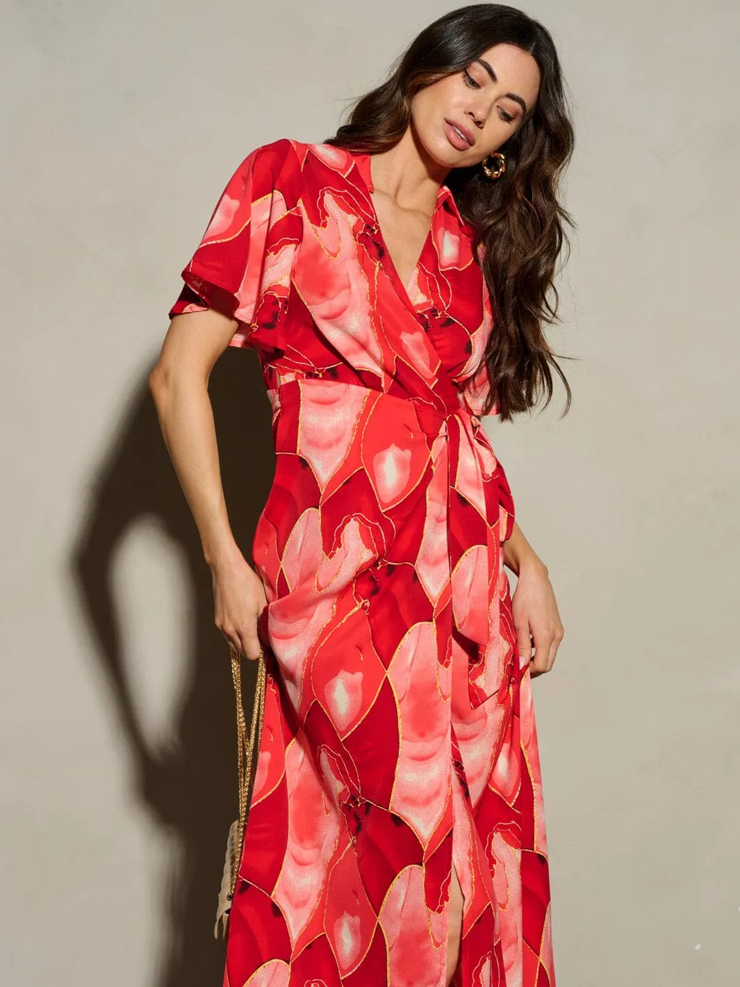 WOMEN'S SHORT SLEEVE SELF TIE PRINTED WRAP MAXI DRESS