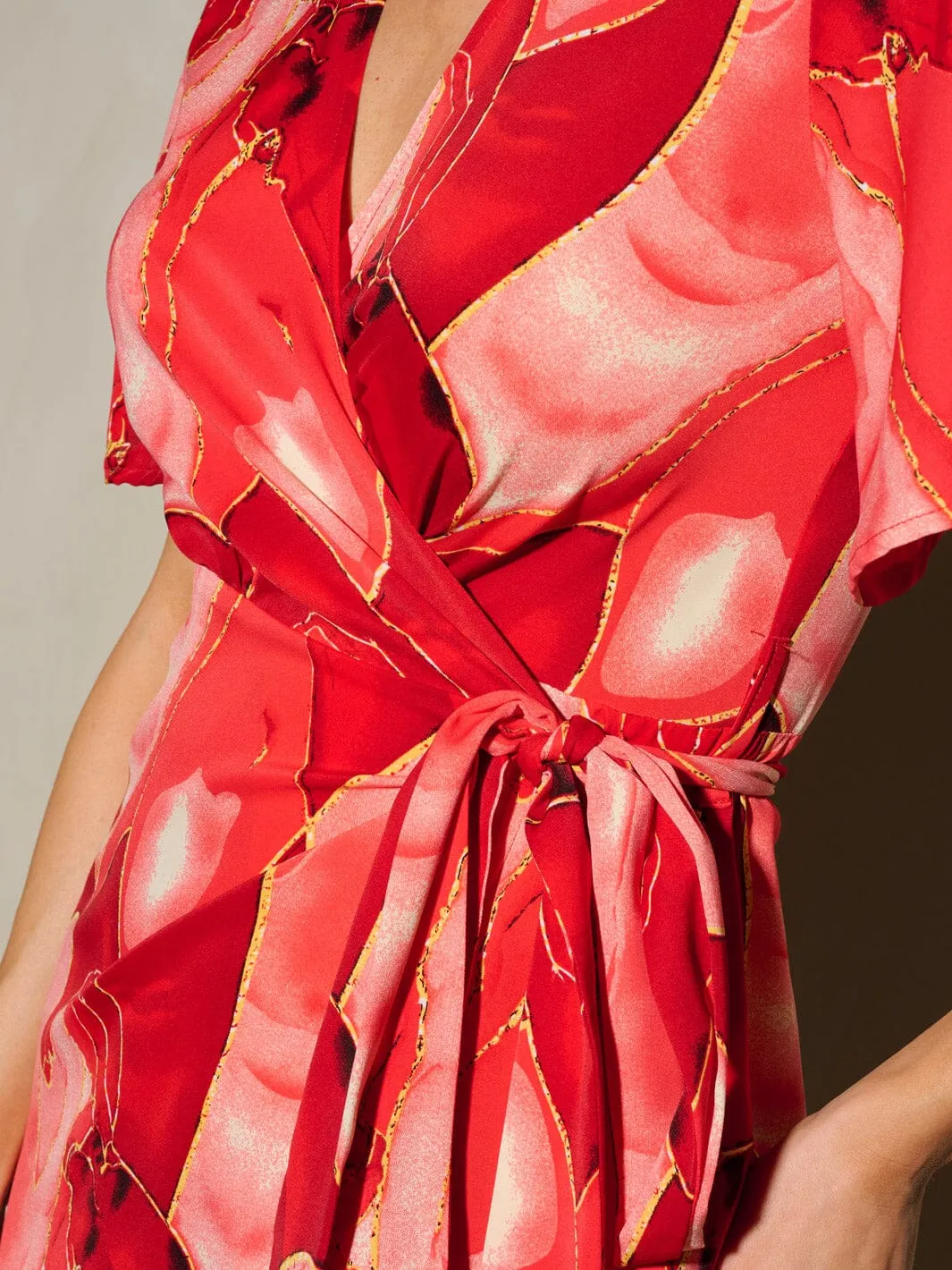 WOMEN'S SHORT SLEEVE SELF TIE PRINTED WRAP MAXI DRESS