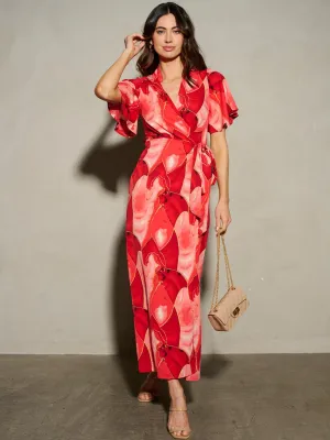 WOMEN'S SHORT SLEEVE SELF TIE PRINTED WRAP MAXI DRESS