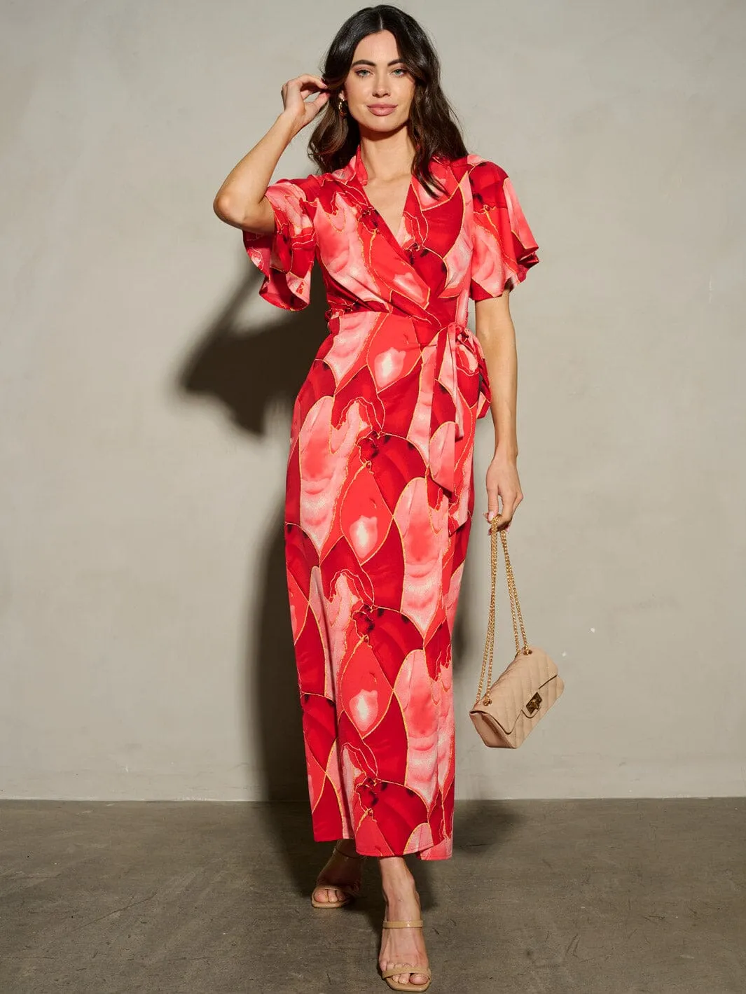 WOMEN'S SHORT SLEEVE SELF TIE PRINTED WRAP MAXI DRESS