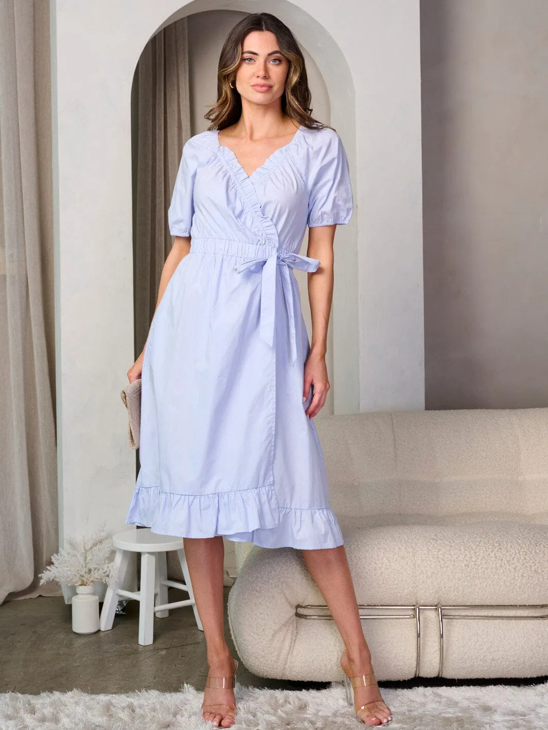WOMEN'S SHORT SLEEVE SELF TIE RUFFLE WRAP MIDI DRESS