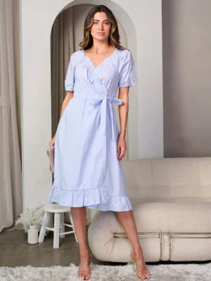 WOMEN'S SHORT SLEEVE SELF TIE RUFFLE WRAP MIDI DRESS