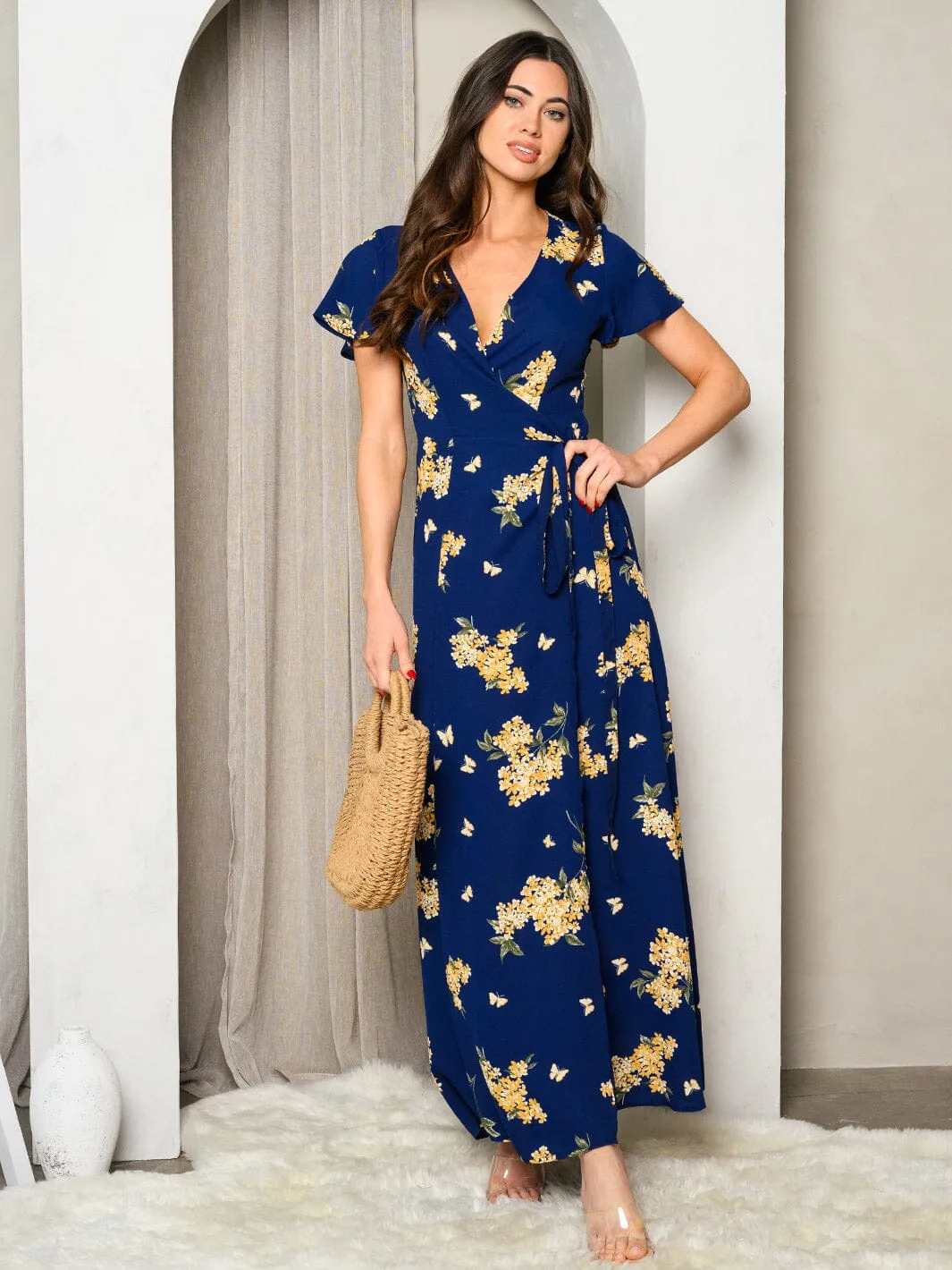 WOMEN'S SHORT SLEEVE V-NECK WRAP FLORAL MAXI DRESS