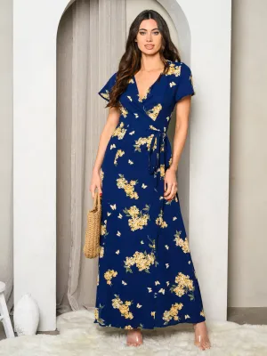 WOMEN'S SHORT SLEEVE V-NECK WRAP FLORAL MAXI DRESS