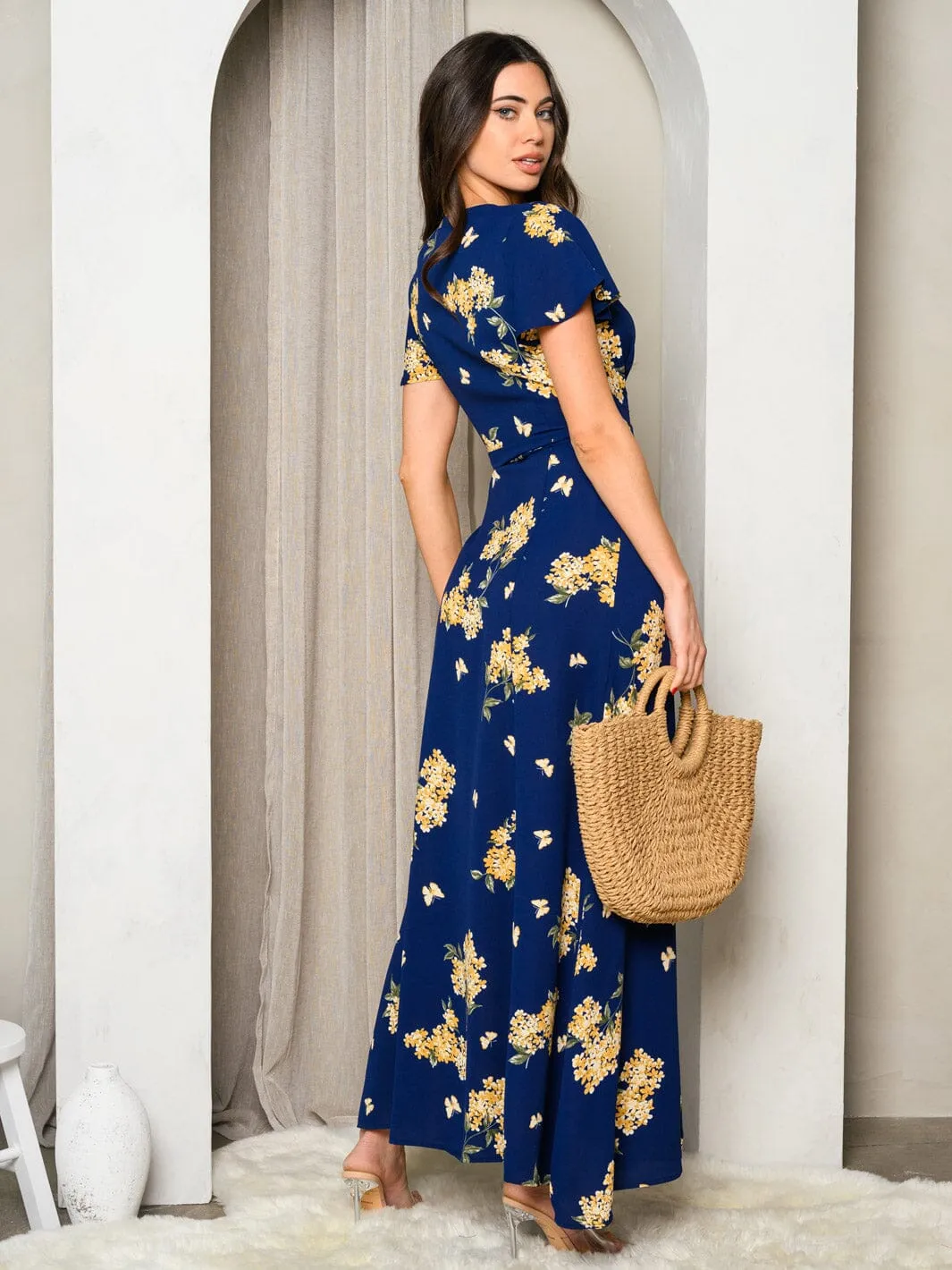 WOMEN'S SHORT SLEEVE V-NECK WRAP FLORAL MAXI DRESS