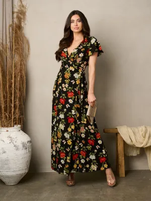WOMEN'S SHORT SLEEVE WRAP FLORAL MAXI DRESS