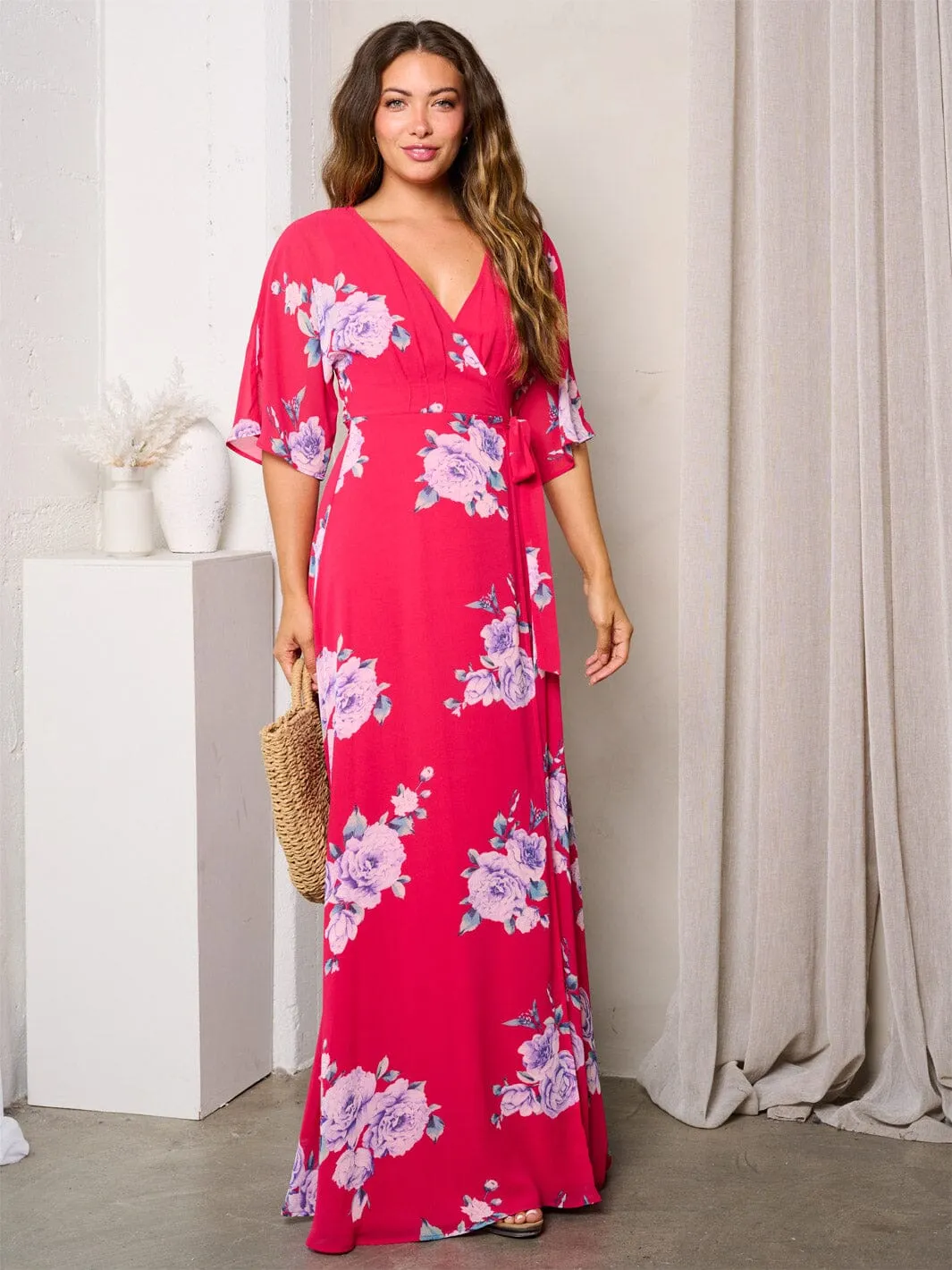 WOMEN'S SHORT SLEEVE WRAP FLORAL MAXI DRESS