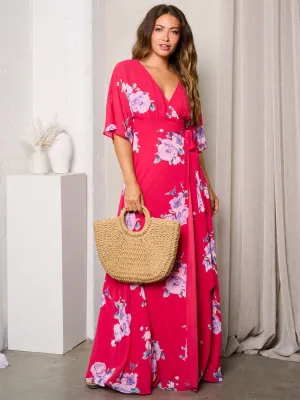 WOMEN'S SHORT SLEEVE WRAP FLORAL MAXI DRESS