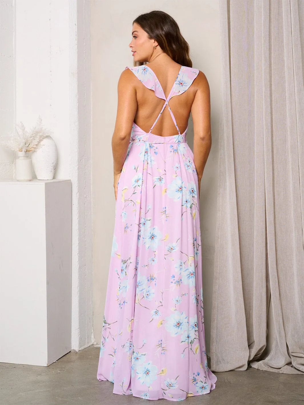WOMEN'S SLEEVELESS OPEN BACK WRAP FLORAL MAXI DRESS
