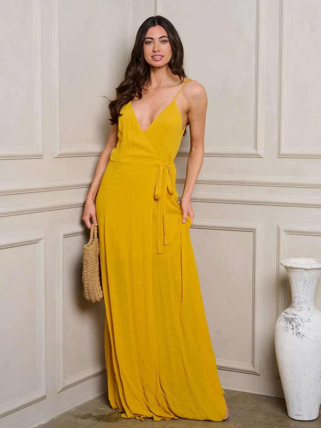 WOMEN'S SLEEVELESS WRAP V-NECK MAXI DRESS