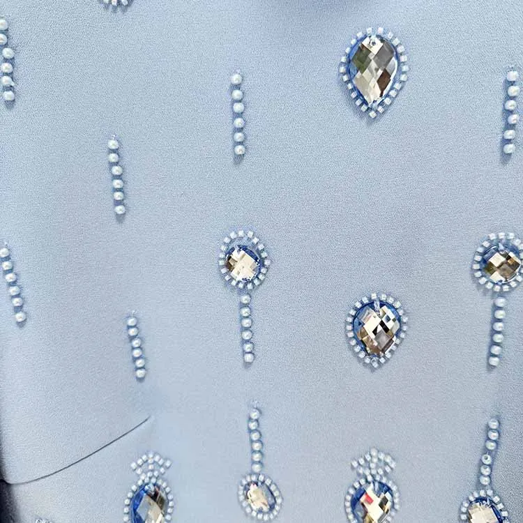 Womens Standard Collar Studded Diamond Crystal Midi Skirt Suit