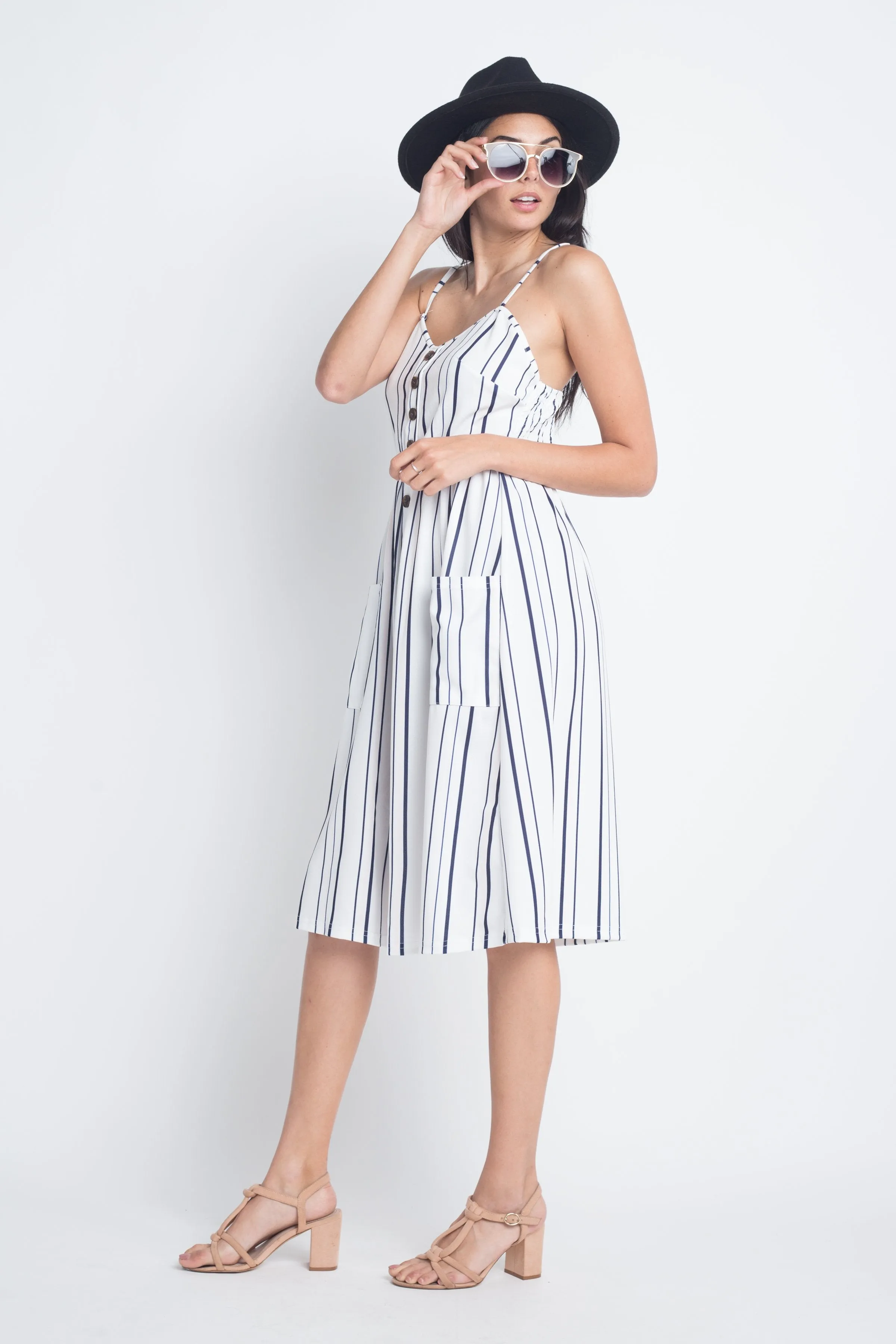 Women's Striped Button Midi Sleeveless Dress