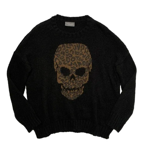 Wooden Ships Skull Leopard Print Crew Lightweight Sweater (H)