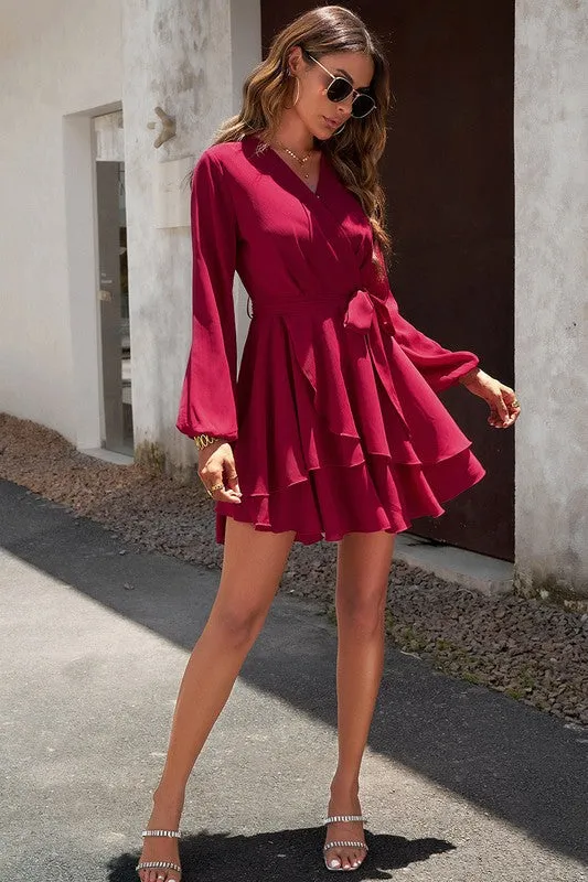 Wrap Front Tiered Ruffled Dress