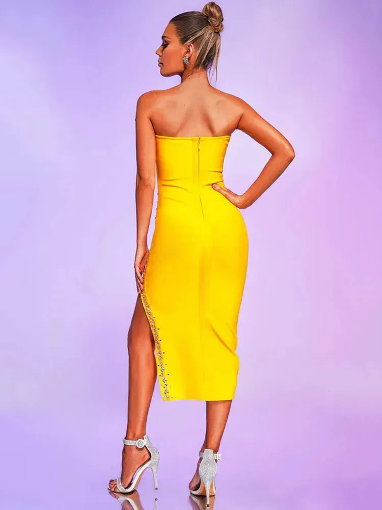Yellow Strapless Bandage Party Dress New Fashion Double Color Rhinestones Split Bodycon Elegant Dress