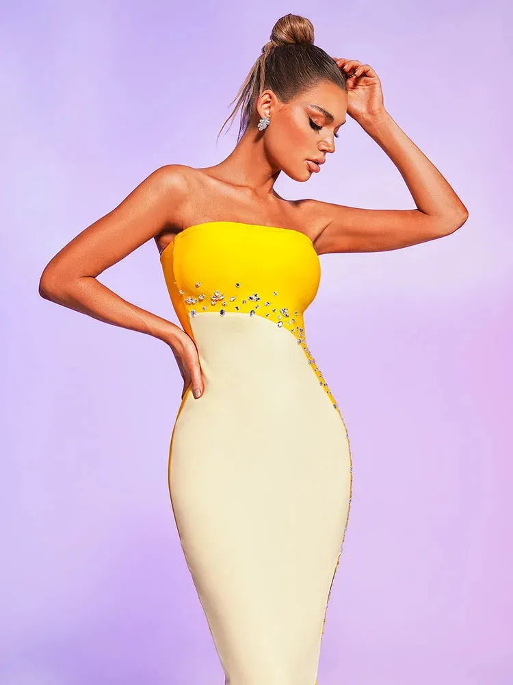 Yellow Strapless Bandage Party Dress New Fashion Double Color Rhinestones Split Bodycon Elegant Dress