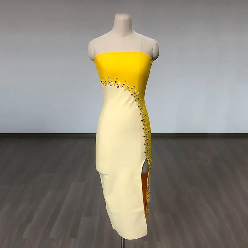Yellow Strapless Bandage Party Dress New Fashion Double Color Rhinestones Split Bodycon Elegant Dress