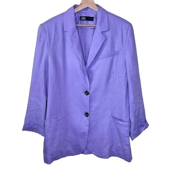 ZARA 2023 100% LINEN BLAZER OVERSIZED JACKET LILAC 3626/710 SIZE S RARE