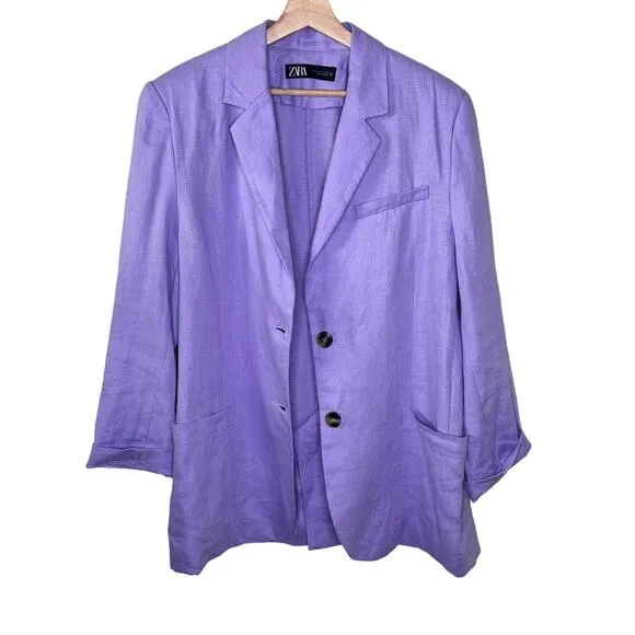 ZARA 2023 100% LINEN BLAZER OVERSIZED JACKET LILAC 3626/710 SIZE S RARE