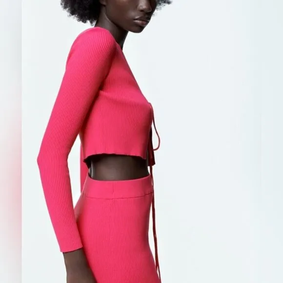 Zara Ribbed Tie Front Y2K Barbie Pink Cardigan Sweater