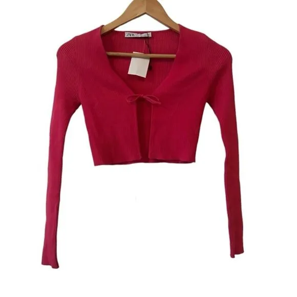 Zara Ribbed Tie Front Y2K Barbie Pink Cardigan Sweater