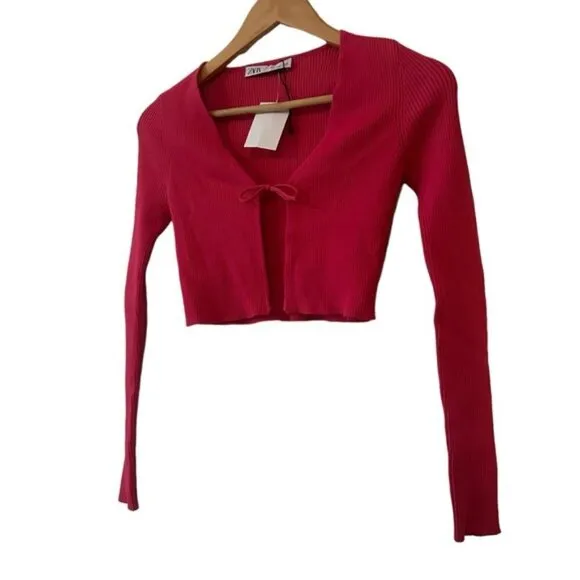 Zara Ribbed Tie Front Y2K Barbie Pink Cardigan Sweater