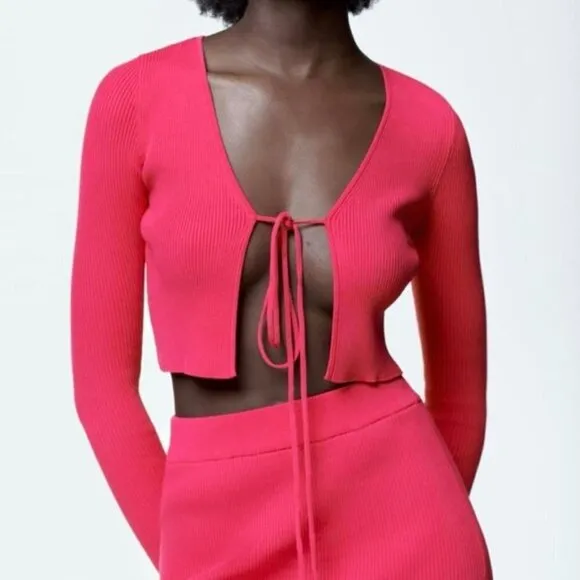 Zara Ribbed Tie Front Y2K Barbie Pink Cardigan Sweater