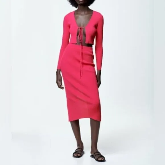 Zara Ribbed Tie Front Y2K Barbie Pink Cardigan Sweater